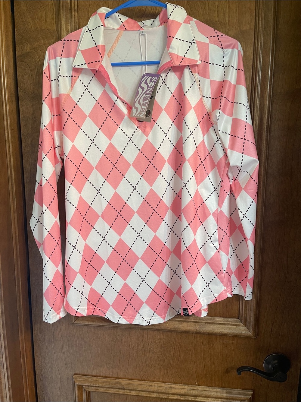 Pink & White Argyle Long-Sleeve Polo Top